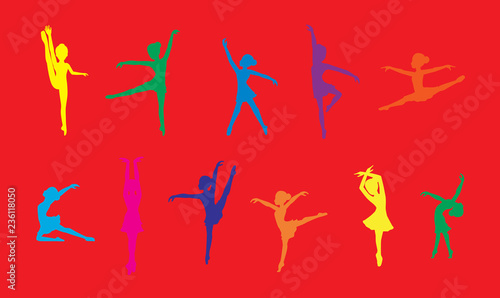 Various Ballet Poses Colorful Silhouette Vector Illustration