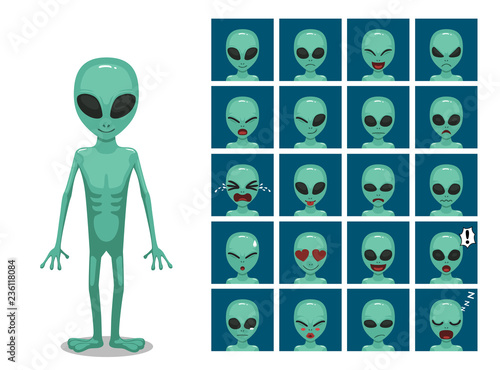 Green Big Eye Extraterrestrial Alien Cartoon Emotion faces Vector Illustration