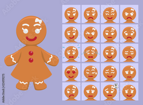 Cute Gingerbread Girl Cartoon Emotion faces Vector Illustration
