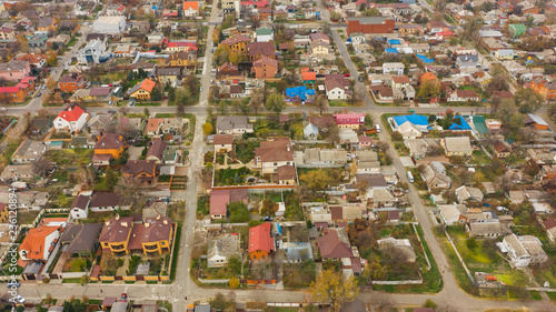 Aerial view from drone of the roofs and street in Dnipro city. (Dnepr, Dnepropetrovsk, Dnipropetrovsk). Ukraine