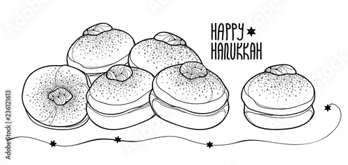 Vector greeting card with outline traditional Hanukkah sufganiyah or sufganiyot or doughnut in black isolated on white background. Contour jelly donut for Jewish Hanuka design or coloring book. photo