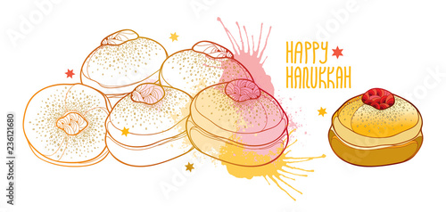 Vector greeting card with outline traditional symbol Hanukkah sufganiyah or sufganiyot or doughnut in pastel beige and pink isolated on white background. Contour jelly donut for Jewish Hanuka design.