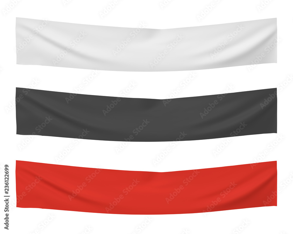 Naklejka premium 3d rendering of three horizontally flags of white, black and red colors hanging on a white background.