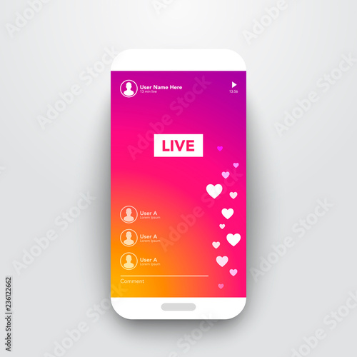 Vector Illustration Live Video Streaming Stories On Colorful Gradient Background. Smartphone Stream User Interface Template.