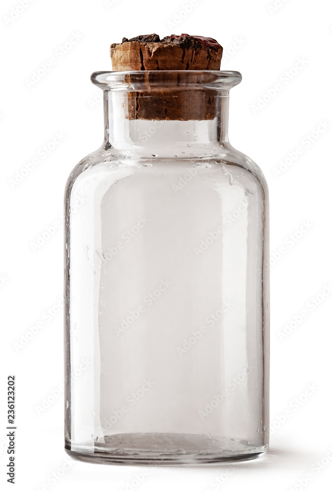 Empty glass jar with brown corke isolated on white background with clipping path. Empty glass jar with brown corke isolated on white background with clipping path.