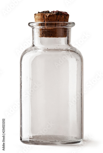 Empty glass jar with brown corke isolated on white background with clipping path.