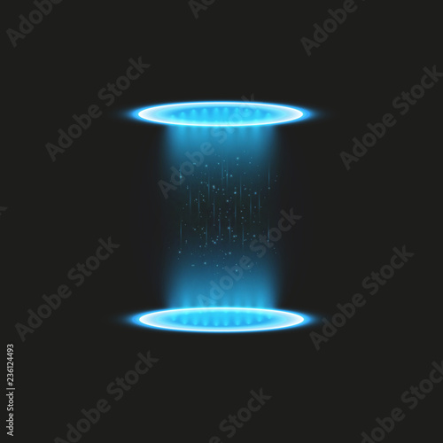 Magic fantasy portal. Futuristic teleport. Light effect. Blue candles rays of a night scene with sparks on a transparent background. Empty light effect of the podium. Disco club dancefloor.