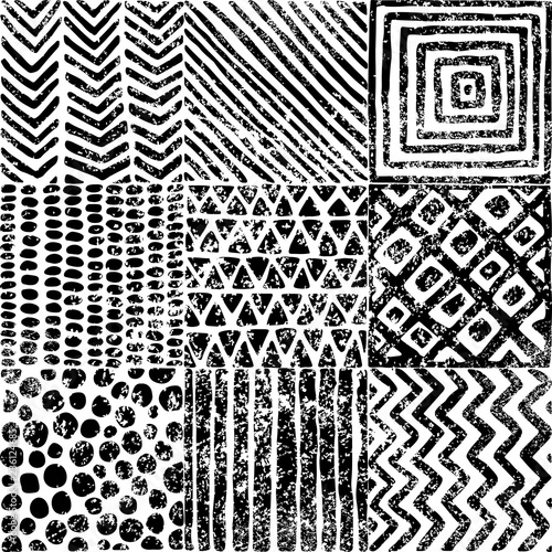 Seamless aztec pattern. Black and white grunge print. Vintage wallpaper. Vector illustration.