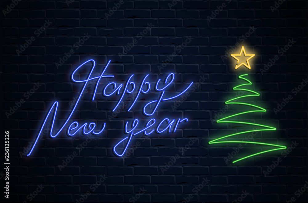 Obraz premium Happy New Year neon luminous poster with Christmas tree on brick background.