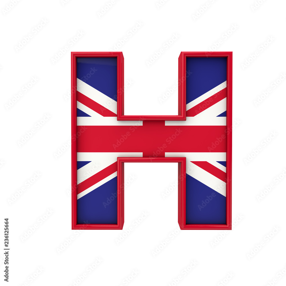 Letter H Union Jack font, Great Britain flag lettering. 3D Rendering