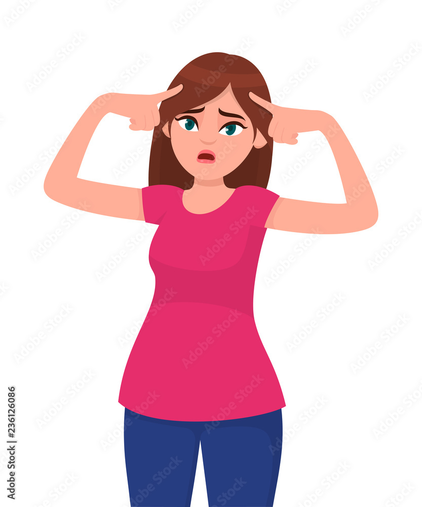 Unhappy young woman touching head while standing against white background. Woman holding fingers on her temples. Human emotion and body language concept illustration in vector cartoon flat style. Unhappy young woman touching head while standing against white background. Woman holding fingers on her temples. Human emotion and body language concept illustration in vector cartoon flat style.
