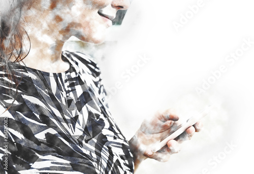 Beautiful white woman playing mobile phone on street on watercolor painting background. blur and retouch mobile phoe device. photo