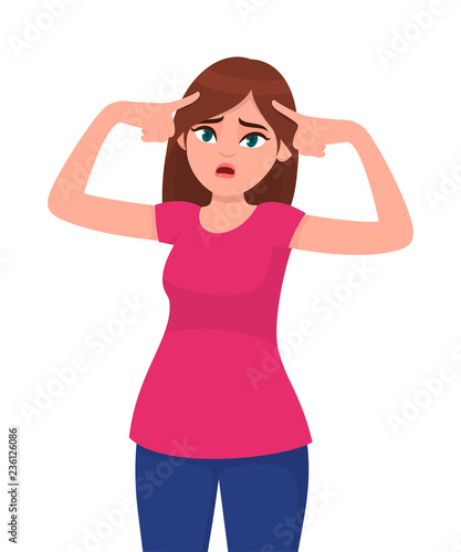 Unhappy young woman touching head while standing against white background. Woman holding fingers on her temples. Human emotion and body language concept illustration in vector cartoon flat style.