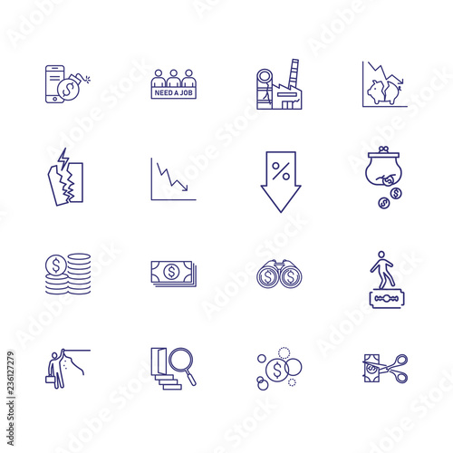 Monetary crisis icons. Set of line icons. Unemployment, bankruptcy, decline. Financial problems concept. Vector illustration can be used for topics like business, finance, banking