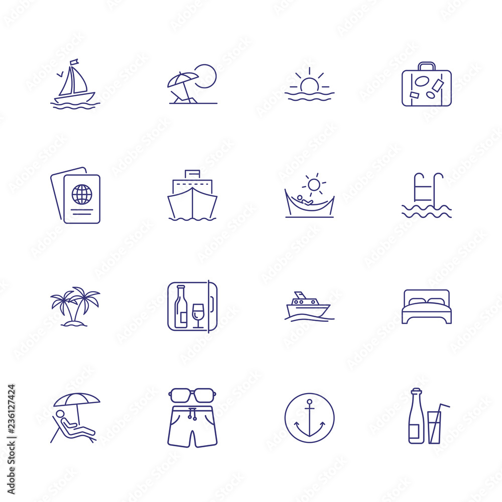 Naklejka premium Sea cruise icons. Set of line icons. Passport, beach, palm, hotel. Summer resort concept. Vector illustration can be used for topics like vacation, travel, tourism