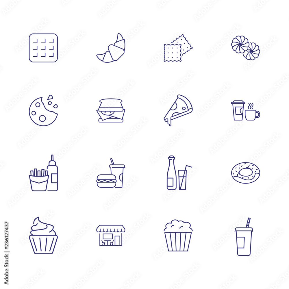 Snacks icons. Set of line icons. Pizza, sandwich, French fries. Fast food concept. Vector illustration can be used for topics like food, unhealthy eating, menu Snacks icons. Set of line icons. Pizza, sandwich, French fries. Fast food concept. Vector illustration can be used for topics like food, unhealthy eating, menu