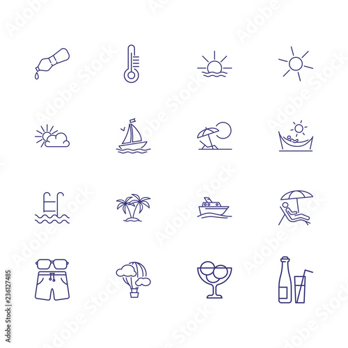 Summer icons. Set of line icons. Hot air balloon, sun, thermometer, cold drink. Vacation concept. Vector illustration can be used for topics like summer resort, leisure, travel