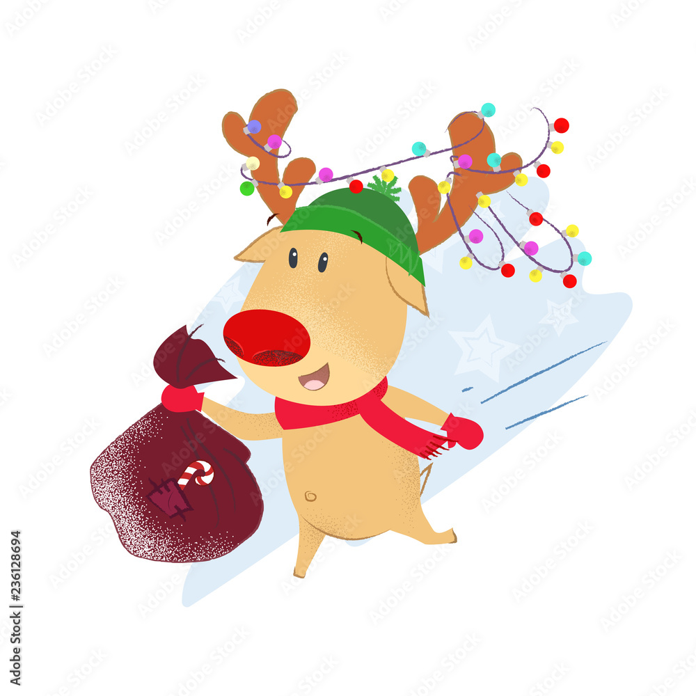 Fototapeta premium Cute reindeer carrying sack with gifts. New Year Day design element. For greeting cards, leaflets, brochures, invitations, posters or banners.