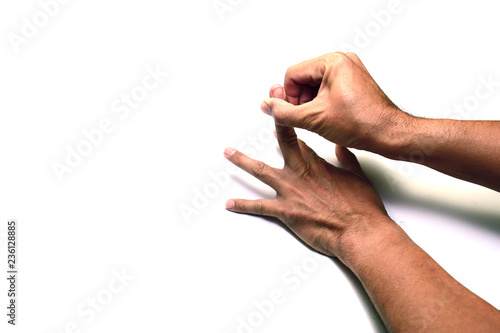 Photography the finger of right hand provoking the middle of left hand on white background i