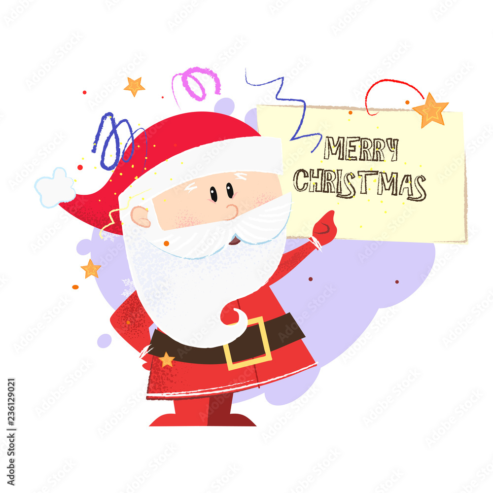 Cute Santa Claus pointing at Christmas poster. Christmas design element. For greeting cards, leaflets, brochures, invitations, posters or banners. Cute Santa Claus pointing at Christmas poster. Christmas design element. For greeting cards, leaflets, brochures, invitations, posters or banners.
