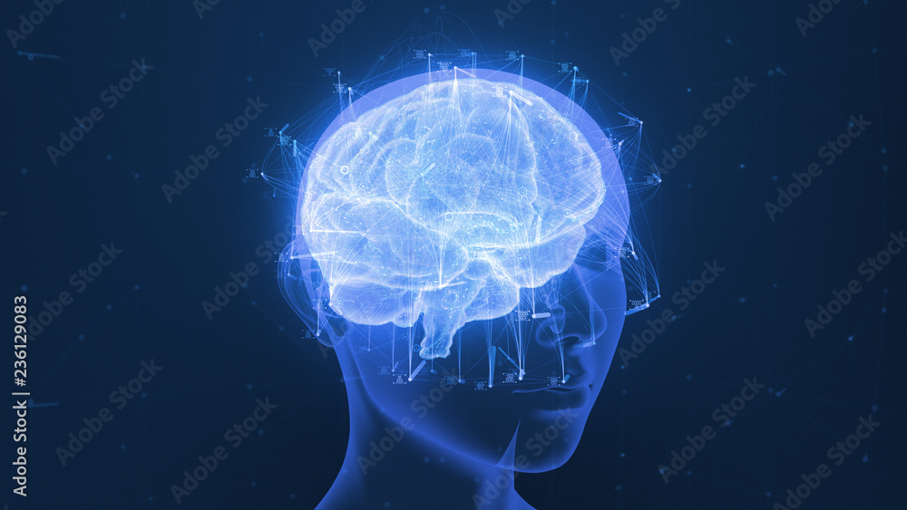 3D render of a holographic digital style human brain conveying the idea of artificial intelligence, bio hacking and the fusion of nature, technology and science