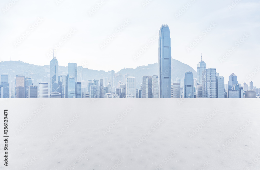 Panoramic skyline and buildings with empty snow ground in Hong Kong