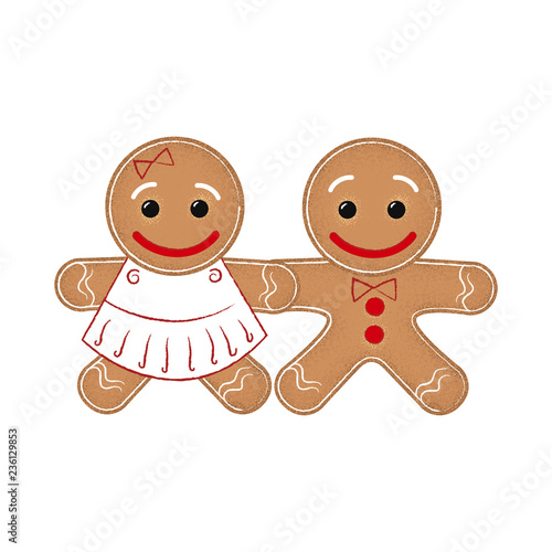 Couple of gingerbread holding hands. Cartoon, together, cookie. Can be used for topics like love, celebration food, relationship