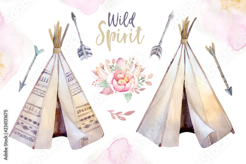 Watercolor colorful ethnic set of teepee and flowers bouquets in native American style.Tribal Navajo isolated wigwam illustration ornament on white background.