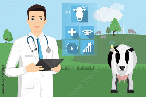 Veterinarian with digital tablet on a cow farm. Internet of things in cattle breeding. Monitoring the health status of a cow. Vector illustration