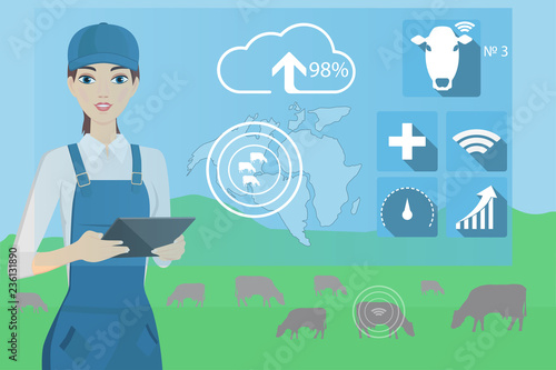 Farmer with digital tablet on a cattle grazing. Internet of things in cattle breeding. Vector illustration