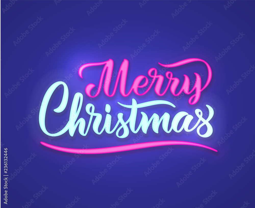 Obraz premium Merry Christmas neon text sign. Vector background. Neon glowing signboard