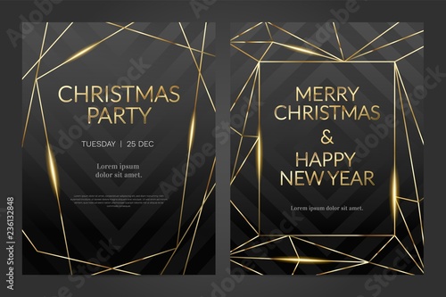 Luxury christmas party poster template with gold frame and black background. Invitation template. Geometric shape.