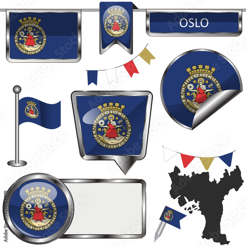 Glossy icons with flag of Oslo, Norway