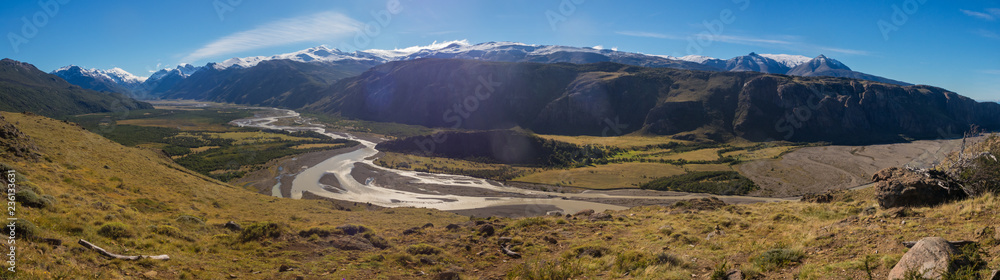 Track to the mount Fitz Roy. View of Las Vueltas River, El Chalten. Valley and Mountains. Santa Cruz province. Andes. Los Glaciares National Park. Argentina. Patagonia