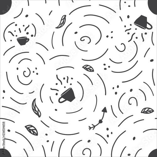 Seamless pattern with handdrawn coffee and tea cup. Doodle monochrome vector illustration.