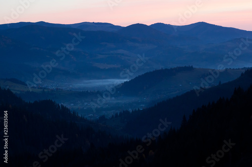 Fototapeta Naklejka Na Ścianę i Meble -  Fantastic view on the mountain forest in autumn - sunset in the Carpathians