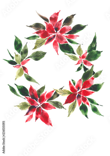 Christmas wreath. Decorative bouquet of red flowers. Poinsettia. Watercolor background.