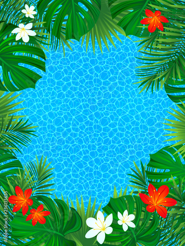 tropical poster. Exotic jungle rainforest palms leaves, monstera, flowers. Vertical border frame. Floral landscape. Vector illustration. beautiful tropic backdrop. trendy style. Summer design.