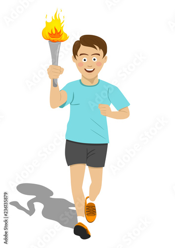 Torchbearer athlete in blue running with sport torch in motion