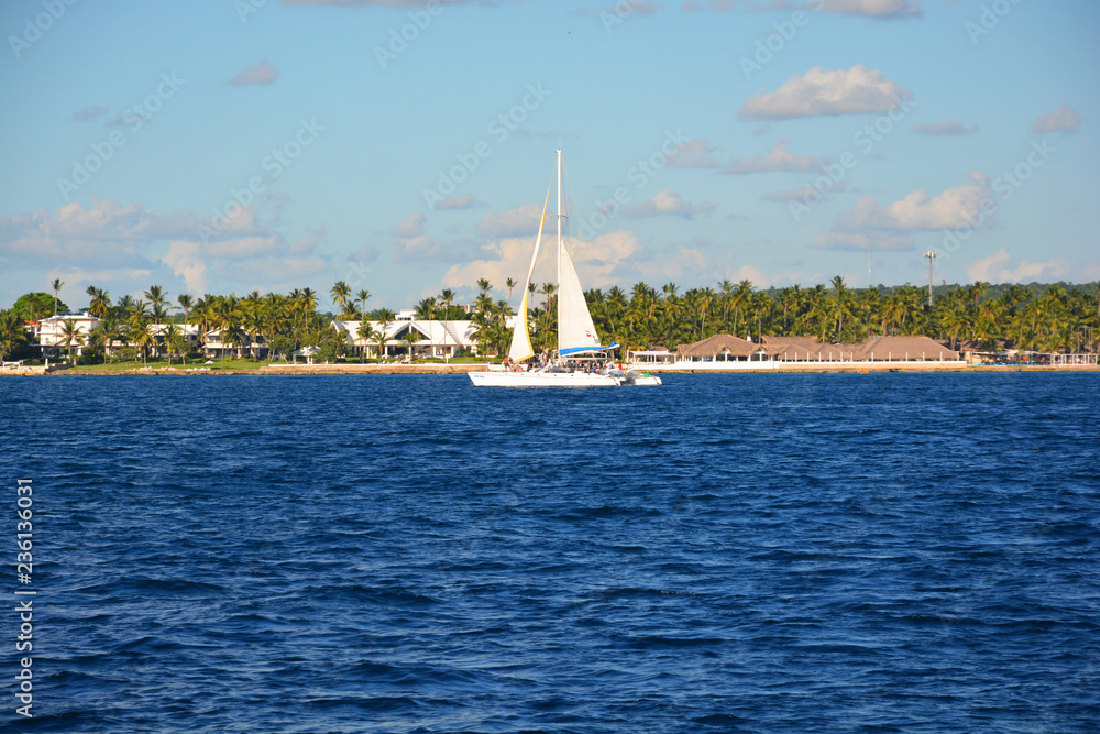 PUNTA CANA, DOMINICAN REPUBLIC - October 2018: catamarans at Bavaro Beach in Punta Cana
