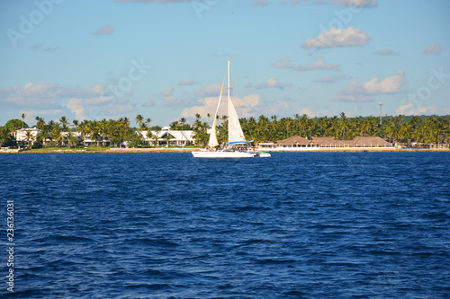 PUNTA CANA, DOMINICAN REPUBLIC - October 2018: catamarans at Bavaro Beach in Punta Cana