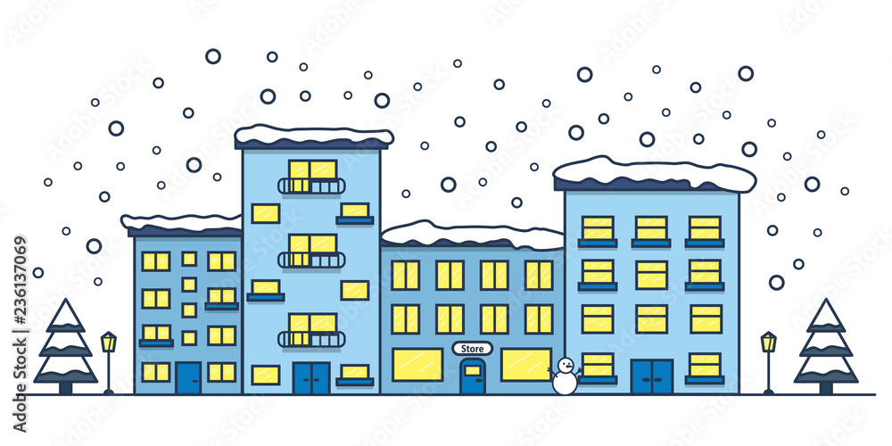 Obraz premium Winter street with houses and shop. Christmas city. Line art. Vector illustration.