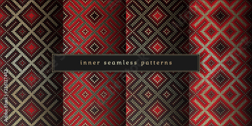 Vector set of sacred geometry seamless pattern; Mixed styles - ancient traditional northern embroidery with contemporary digital design; Psychedelic paganism.