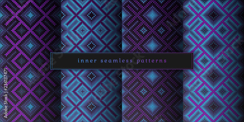 Vector set of sacred geometry seamless pattern; Mixed styles - ancient traditional northern embroidery with contemporary digital design; Psychedelic paganism.