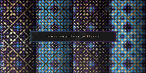 Vector set of sacred geometry seamless pattern; Mixed styles - ancient traditional northern embroidery with contemporary digital design; Psychedelic paganism.