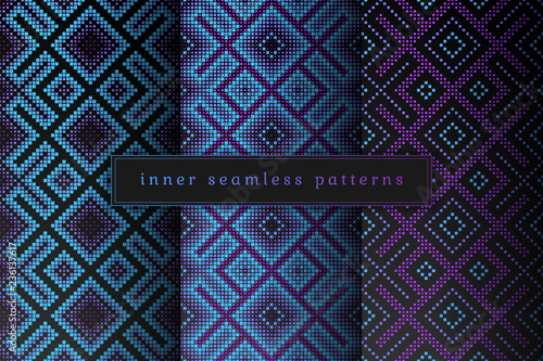 Vector set of sacred geometry seamless pattern; Mixed styles - ancient traditional northern embroidery with contemporary digital design; Psychedelic paganism.