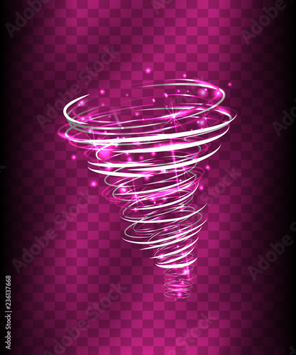 Hurricane Light effect. Vector Vortex tornado glowing, swirling storm cone of shining sparkles on transparent background. Glittering funnel, whirlwind flash, storm twist or blizzard funnel