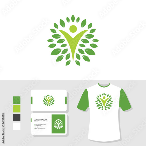 Wellness logo design with business card and t shirt mockup