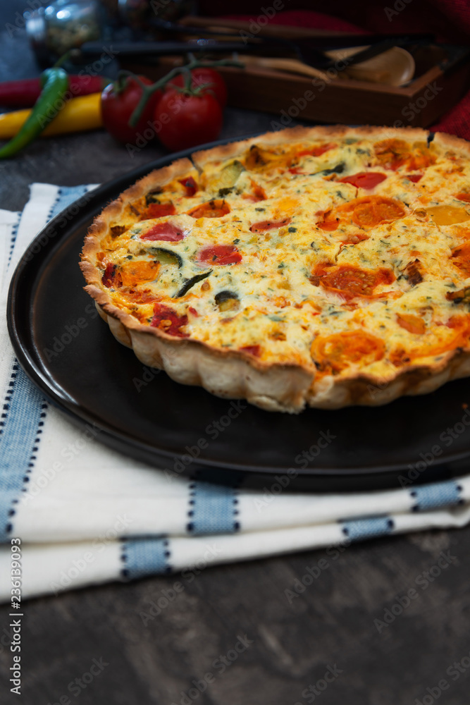 VEGETABLE PIE WITH CHERRY TOMATOES, GRILLED PEPPERS AND COURGETTES With fresh eggs and fresh cream VEGETABLE PIE WITH CHERRY TOMATOES, GRILLED PEPPERS AND COURGETTES With fresh eggs and fresh cream