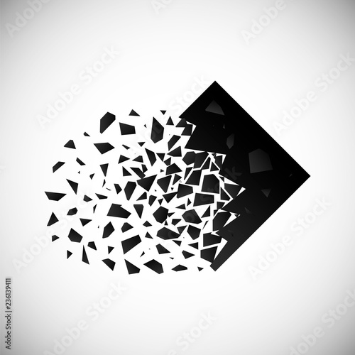Vector of black square destruction shapes with debris isolated on vignette background.